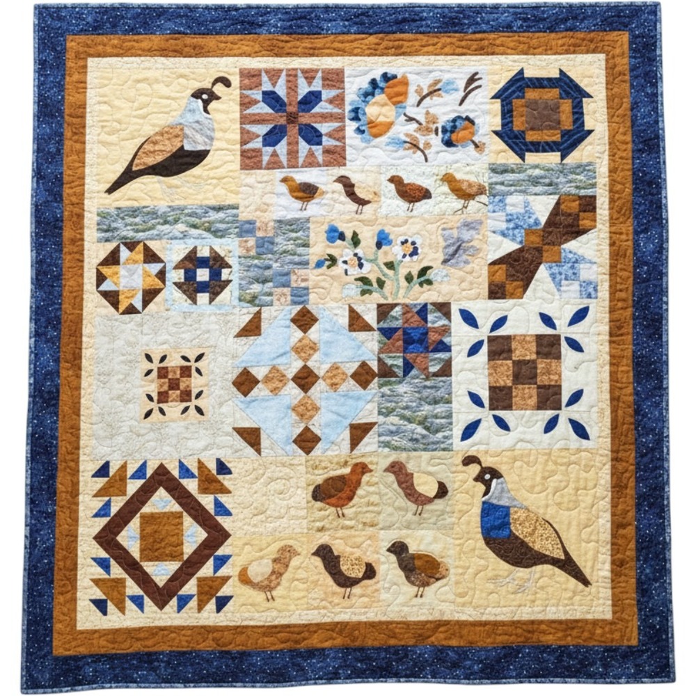 Handmade Patchwork Quilt Quail Bird Woodland Blue Brown Rustic Country Throw